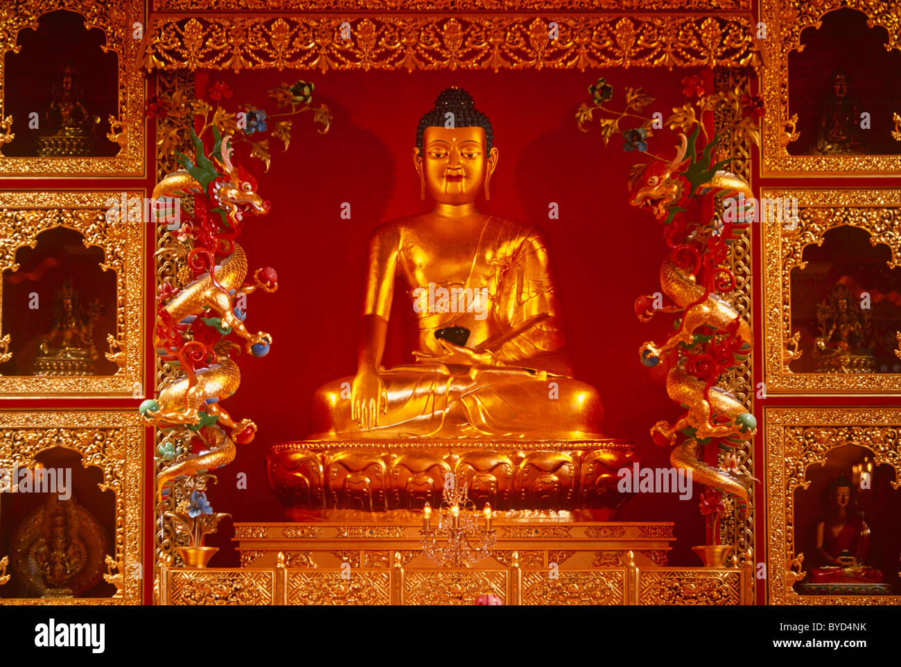 Il Buddha visto come parte di un santuario nella sala di preghiera di Kagyu Samye Ling buddista centro di ritiro Foto Stock