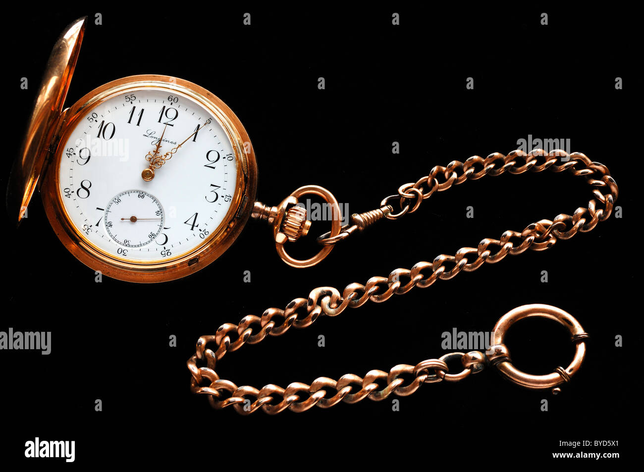 Longines placcato oro orologio da tasca con catena, da cinque a dodici, secolo XIX Foto Stock