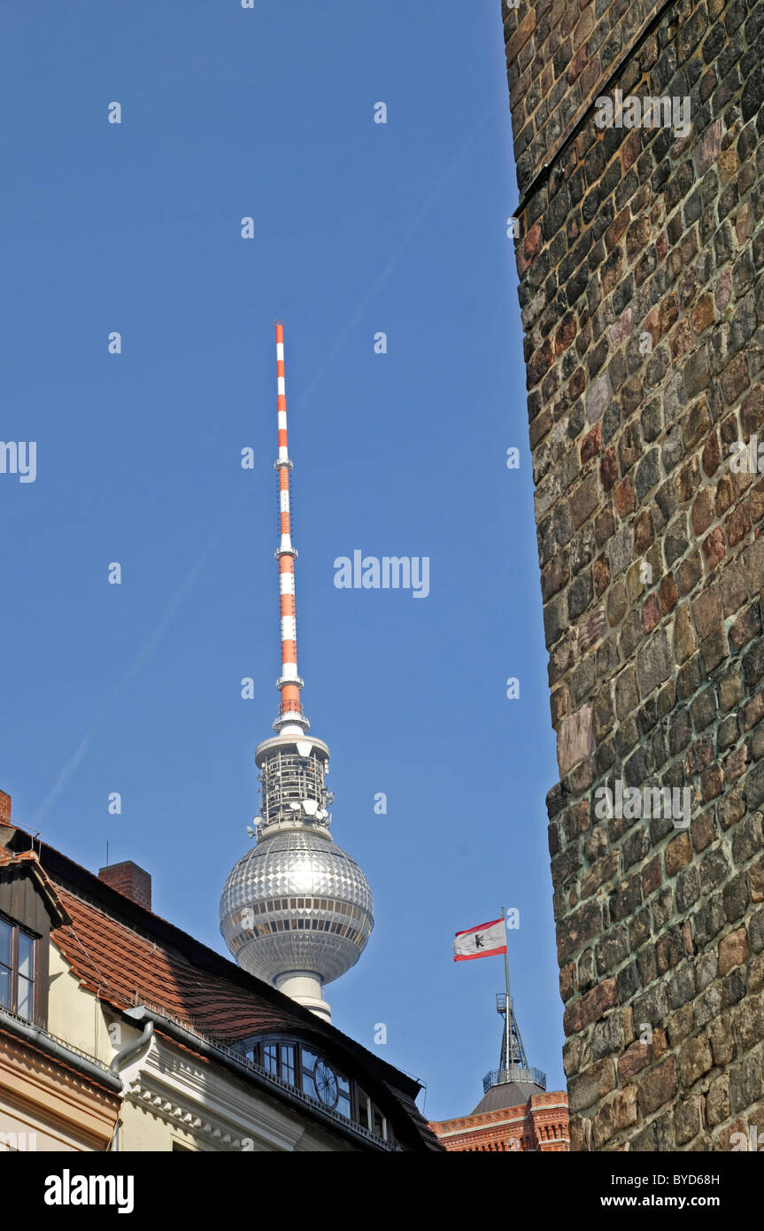 Vista la Fernsehturm Berlin la torre della televisione di Berlino, Germania, Europa Foto Stock