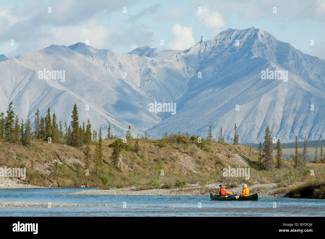 Canoisti sul Wind River, canoa, kayak canoa, Mackenzie nord le montagne alle spalle, Yukon Territory, Canada Foto Stock