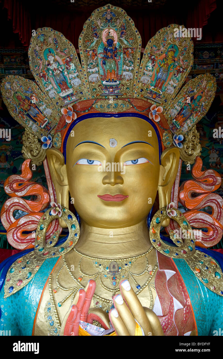 Buddismo tibetano, Buddha Maitreya Buddha del futuro, ritratto, statua del Buddha, Thiksey Gompa Monastero, Thikse, Tikse Foto Stock