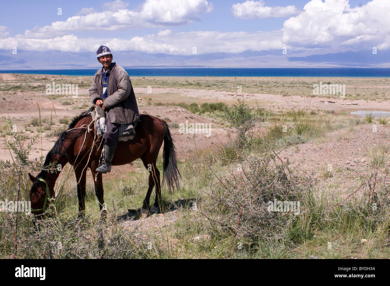 Cavaliere a cavallo, Issy Koel, Kirghizistan, Asia centrale Foto Stock