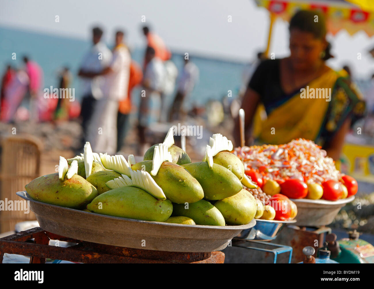 Fornitori, Pondicherry Beach, Bharathi Road, Pondicherry, quartiere francese, nello Stato del Tamil Nadu, India, Asia Foto Stock