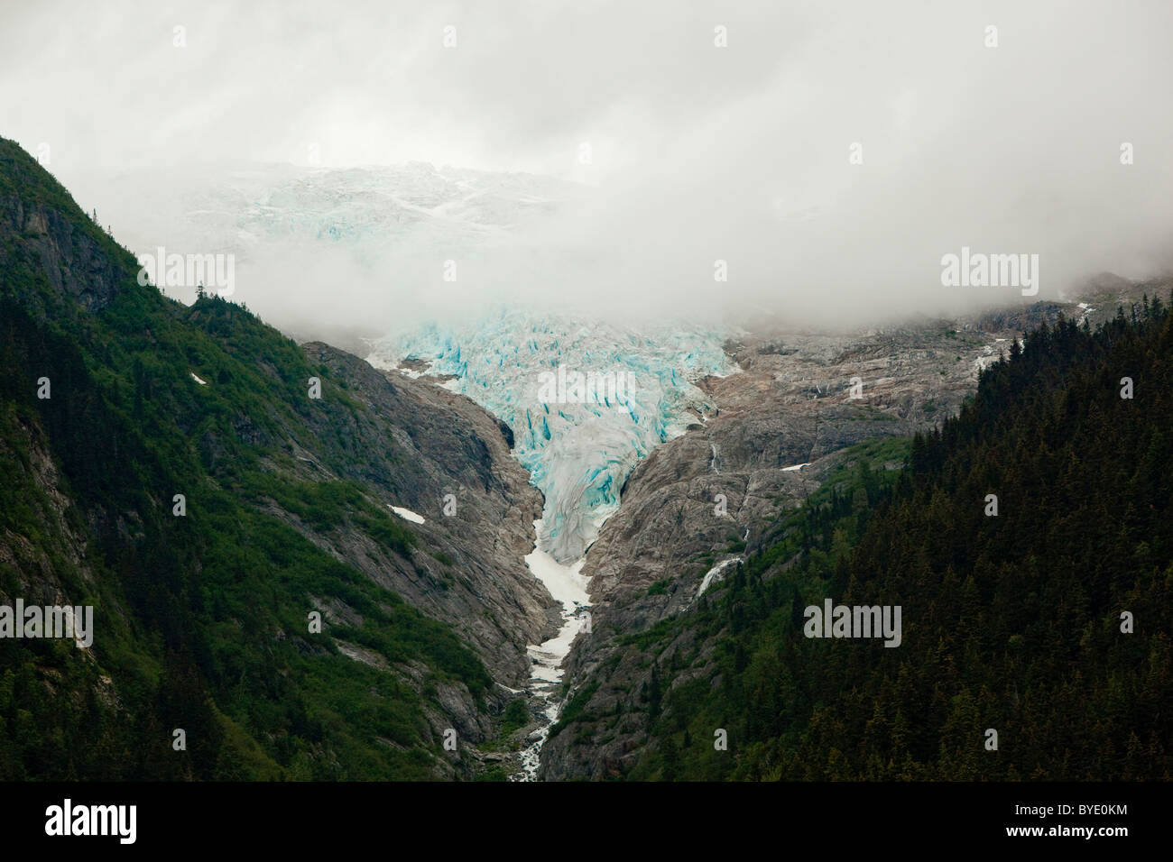 Irene Glacier, blu ghiaccio, nebbia di mattina, costiere rain forest, Chilkoot Trail, Chilkoot Pass, Alaska, STATI UNITI D'AMERICA Foto Stock