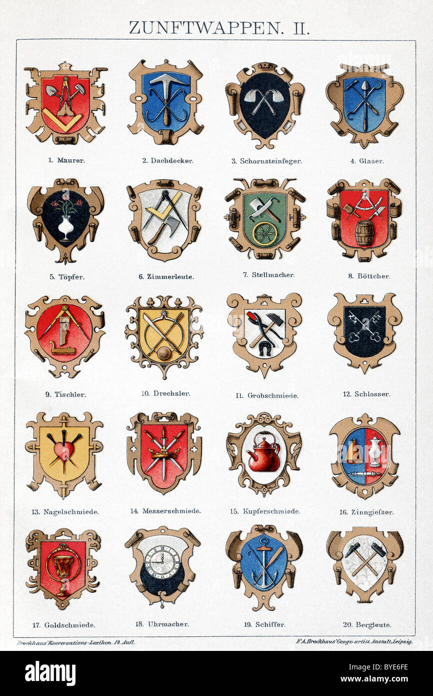 Vecchio guild emblemi, simboli delle corporazioni artigiane, storico Chromotafel, piastra colorata, Brockhaus Konversationslexikon Foto Stock