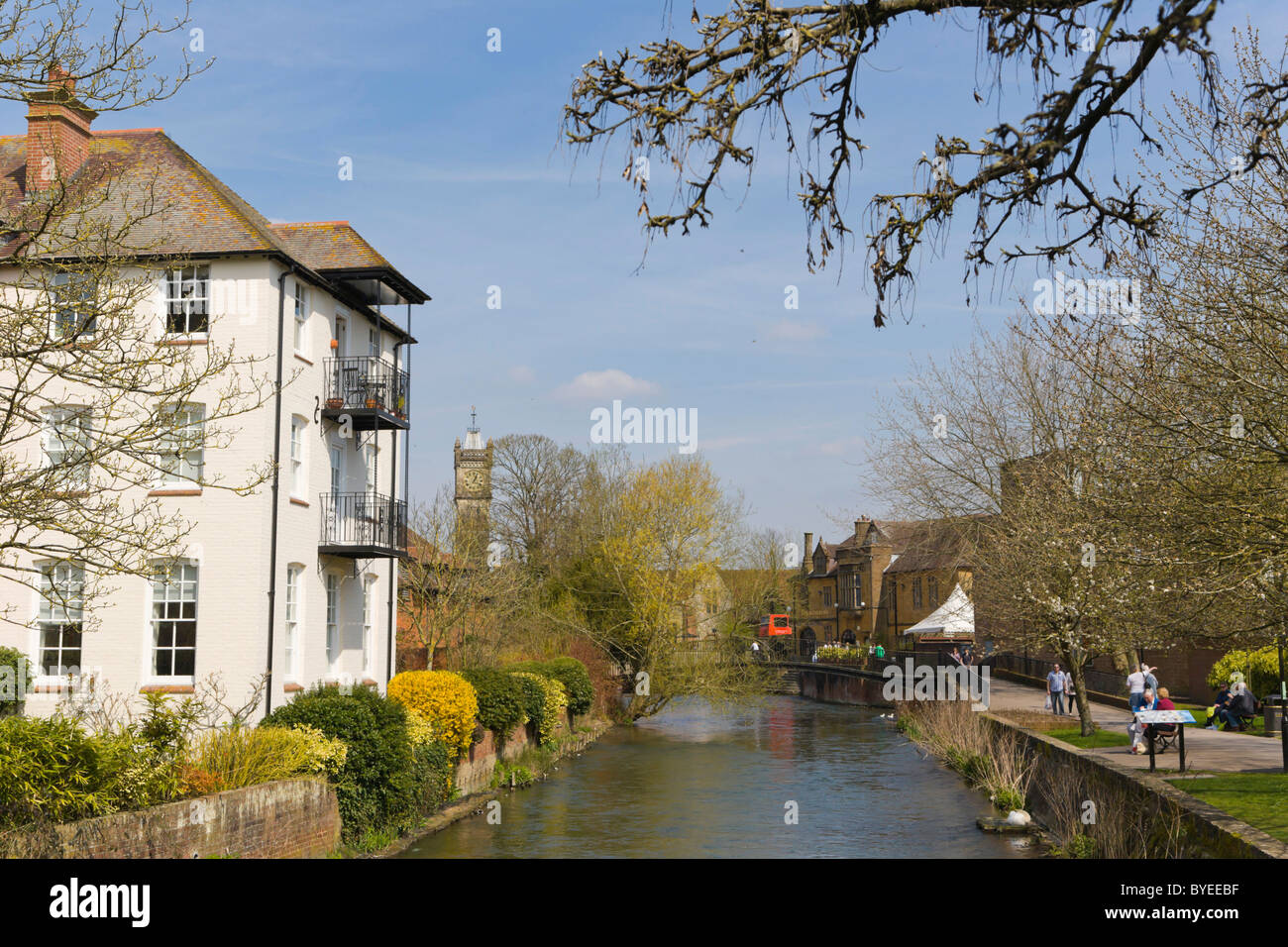 Il fiume Avon tra High Street e la gru Bridge Street, Salisbury, Wiltshire, Inghilterra, Regno Unito, Europa Foto Stock