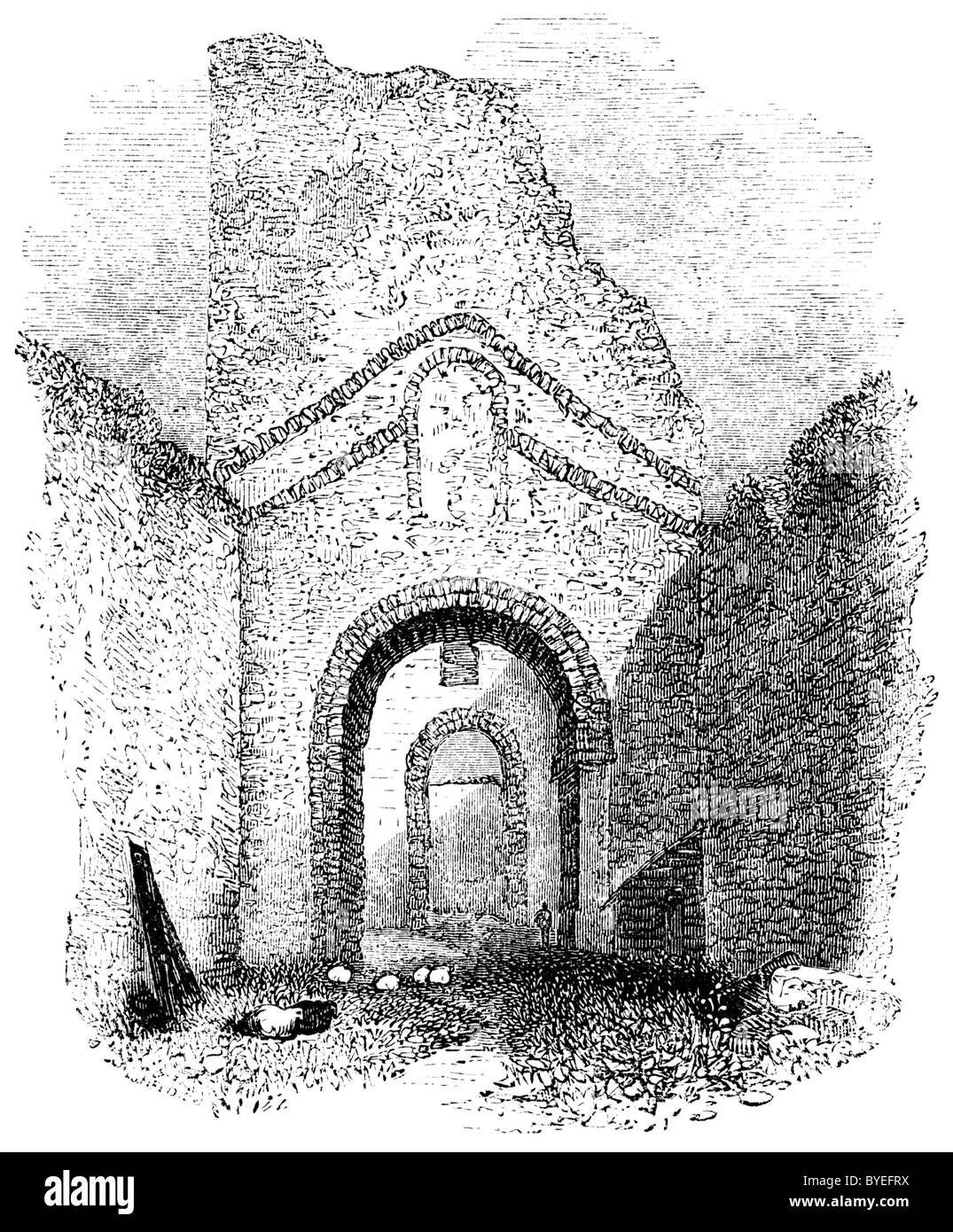 1845 incisione delle rovine di una chiesa romana nel castello di Dover (vedi descrizione) Foto Stock