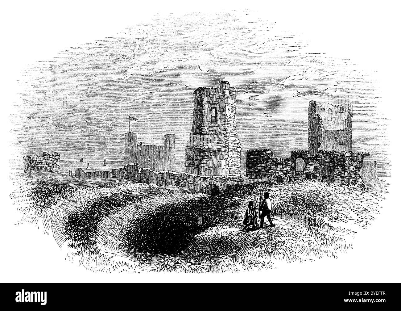 Incisione 1845 faro romano (pharos), Chiesa e trincee nel castello di Dover Foto Stock