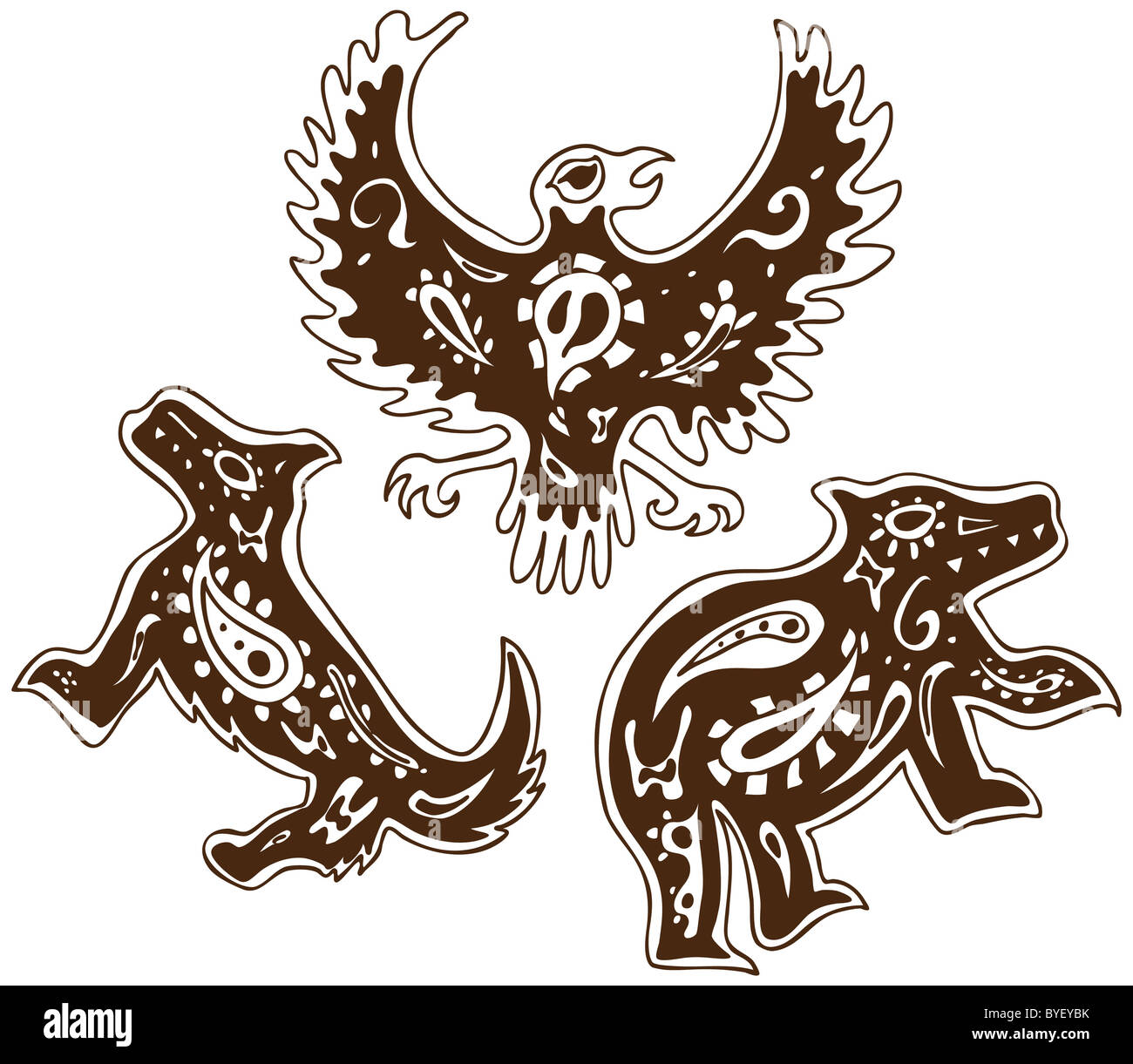 Set di 3 disegnato a mano animali tribali. Foto Stock
