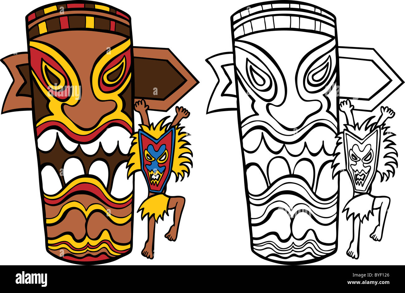 Cartoon immagine di una strega medico danze ad un totem - sia a colori sia in bianco e nero / bianco versioni. Foto Stock