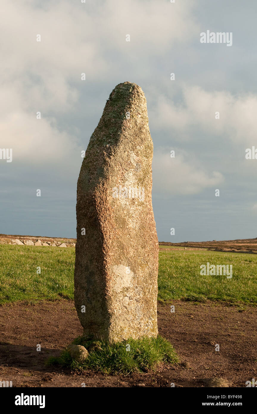 ' Gli uomini Scryfa ' un'antica pietra permanente Morvah vicino a West Cornwall, Regno Unito Foto Stock