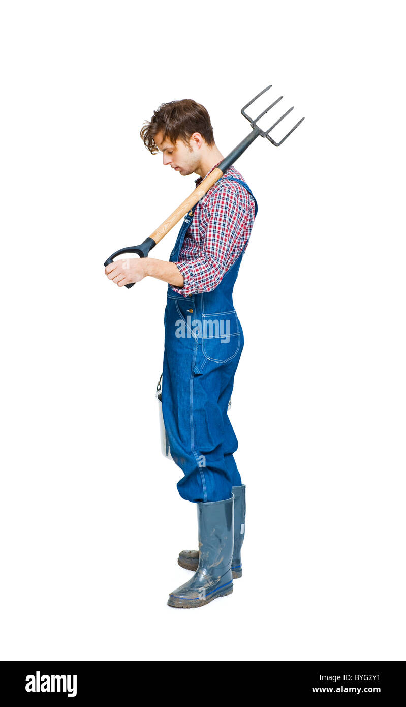 Studio shot del contadino con forcone Foto Stock