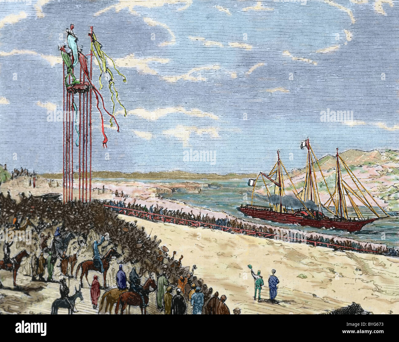 L'Egitto. Istmo di Suez. Arrivo del " Eagle " al Ismaïlia. Incisione colorata dal 1870. Foto Stock