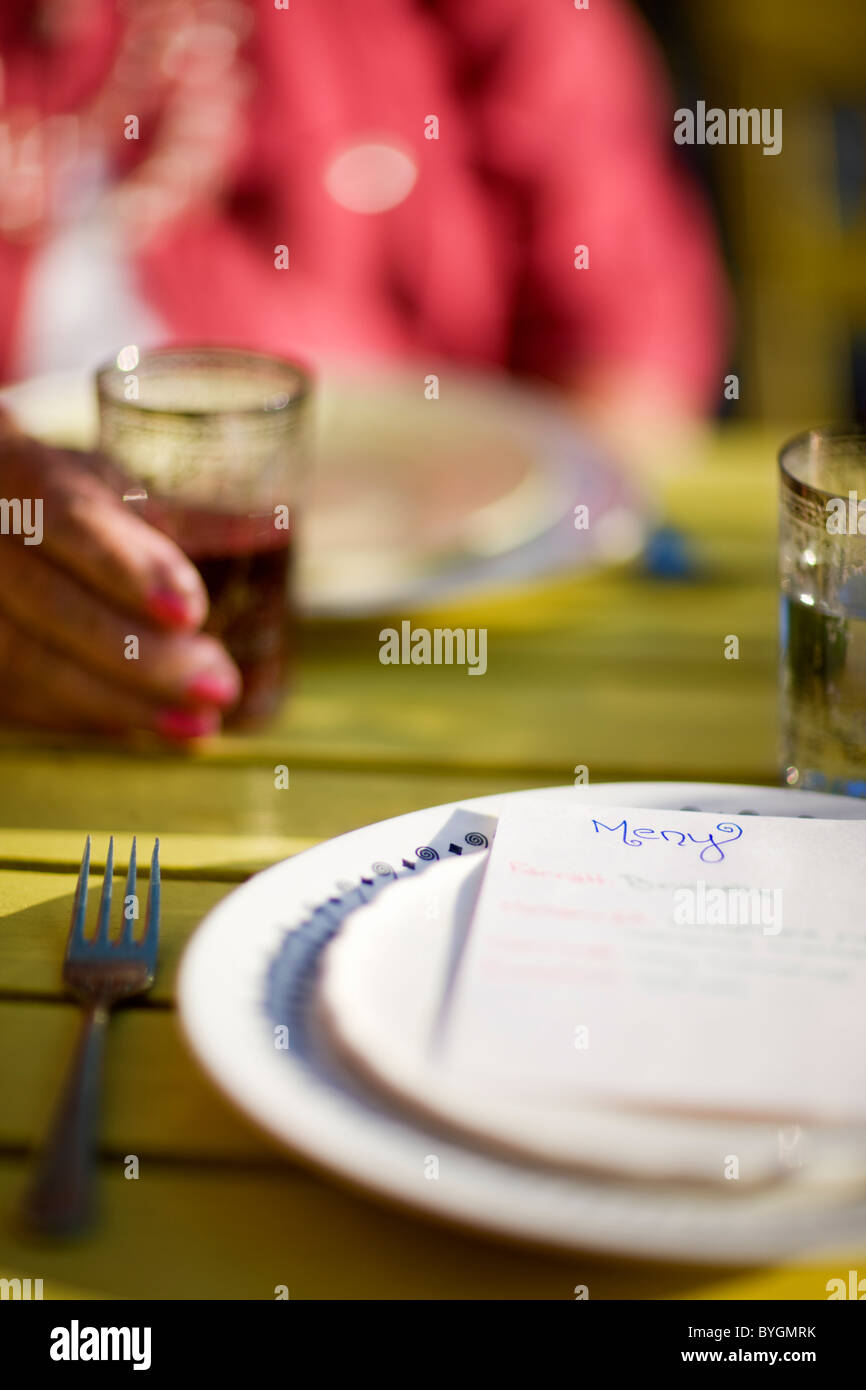 Tavolo preparato per party in giardino Foto Stock
