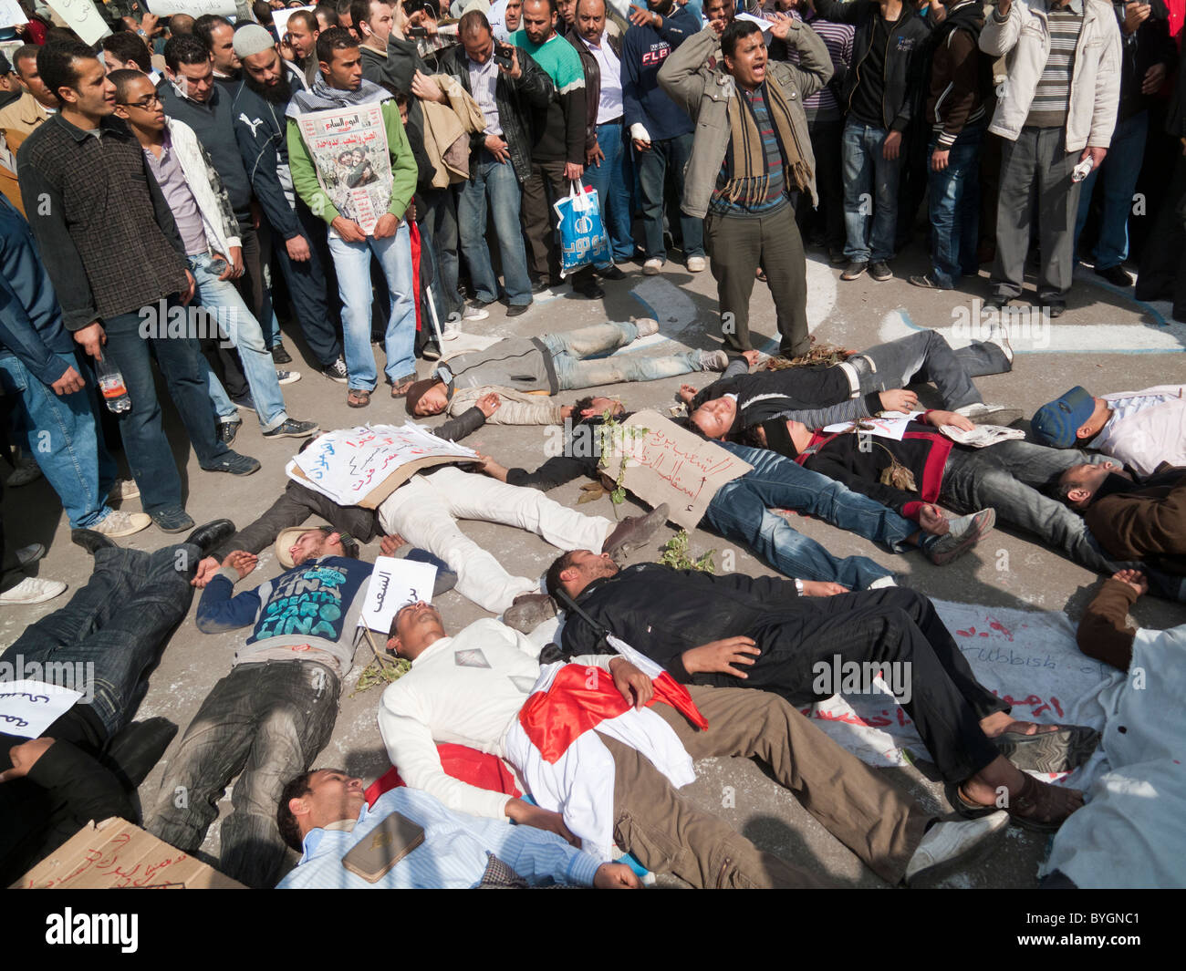 I manifestanti in rappresentanza di morti martiri per il governo anti cause, Piazza Tahrir al Cairo, Egitto Foto Stock
