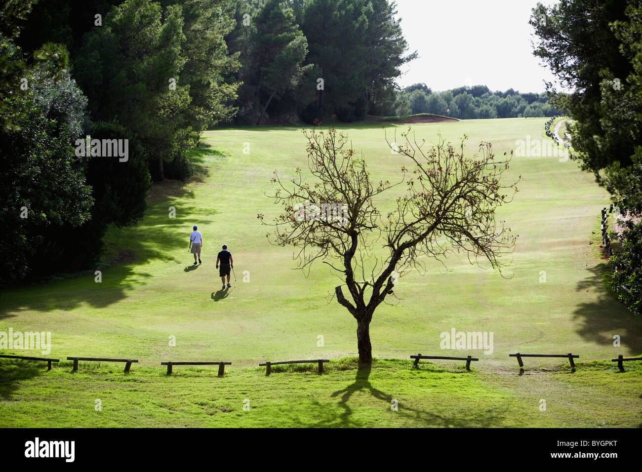 Due golfisti camminando sul campo da golf Foto Stock