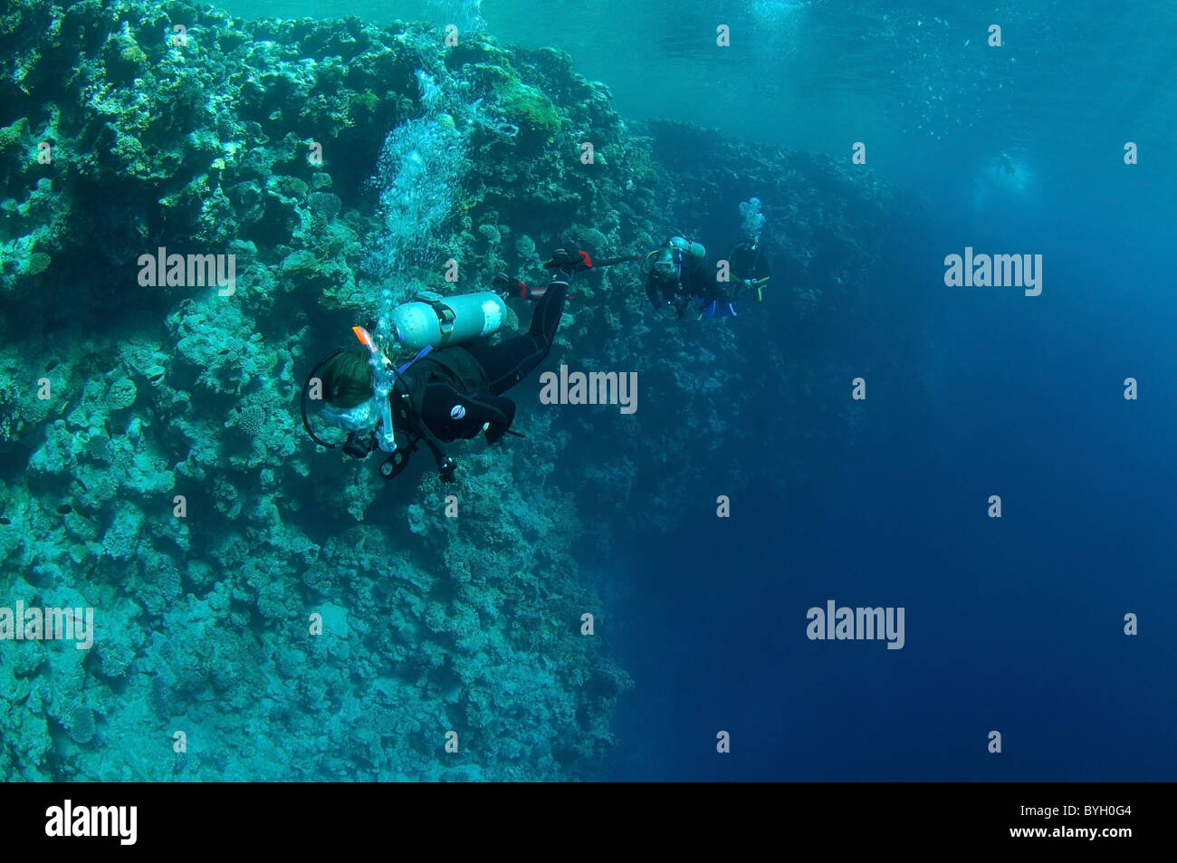 Scuba diwer nuotare vicino a parete sala Blu, Egitto, Dahab Foto Stock