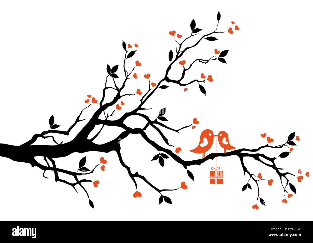 Uccello amore con scatola regalo, seduto su un ramo di albero, sfondo vettoriale Foto Stock