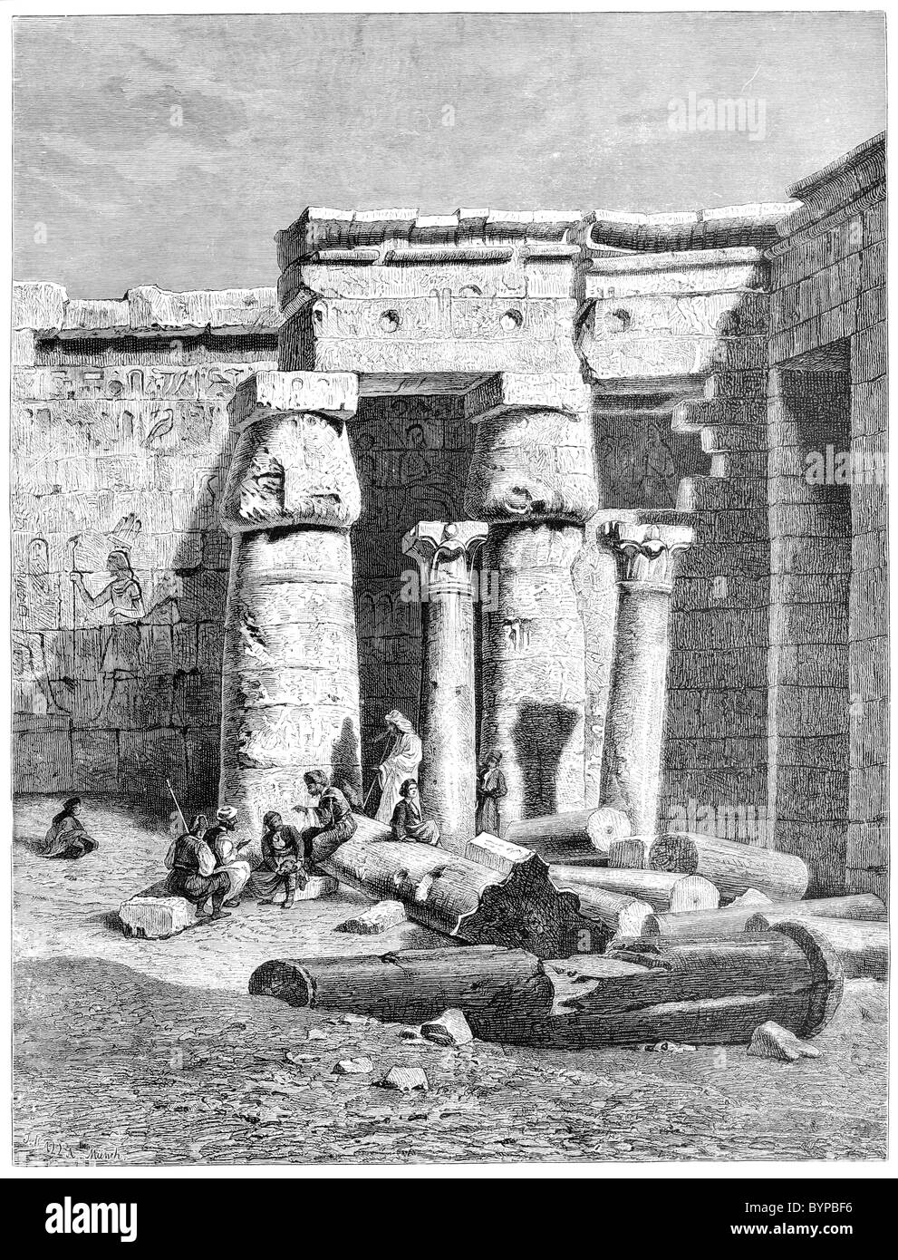 Incisione del 1878, corte con resti di una chiesa cristiana a Medinet Haboo. Foto Stock
