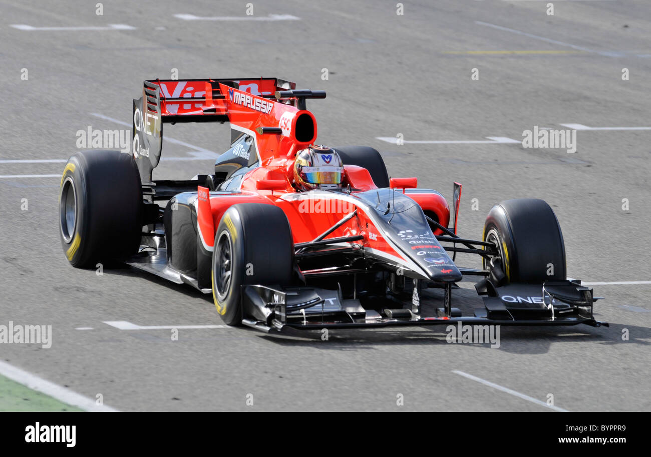 Il driver tedesco Timo Glock nella Vergine MVR-02 gara di Formula Uno auto Foto Stock