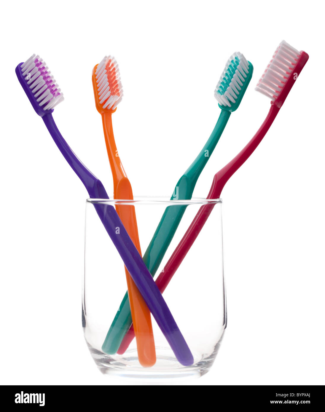 Quattro spazzolini da denti colorati in un vetro, isolata contro uno sfondo bianco Foto Stock