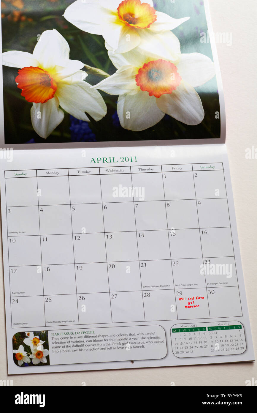 Pagina del calendario per il mese di aprile 2011 mostra la data 29 aprile 2011 che verrà e Kate sposarsi Foto Stock