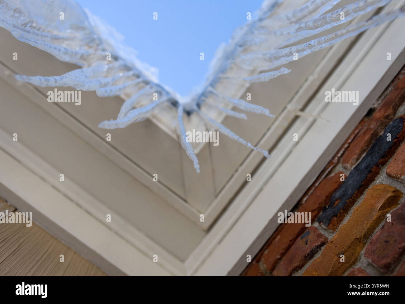Ghiaccioli mano da una grondaia congelate su una casa in inverno Foto Stock