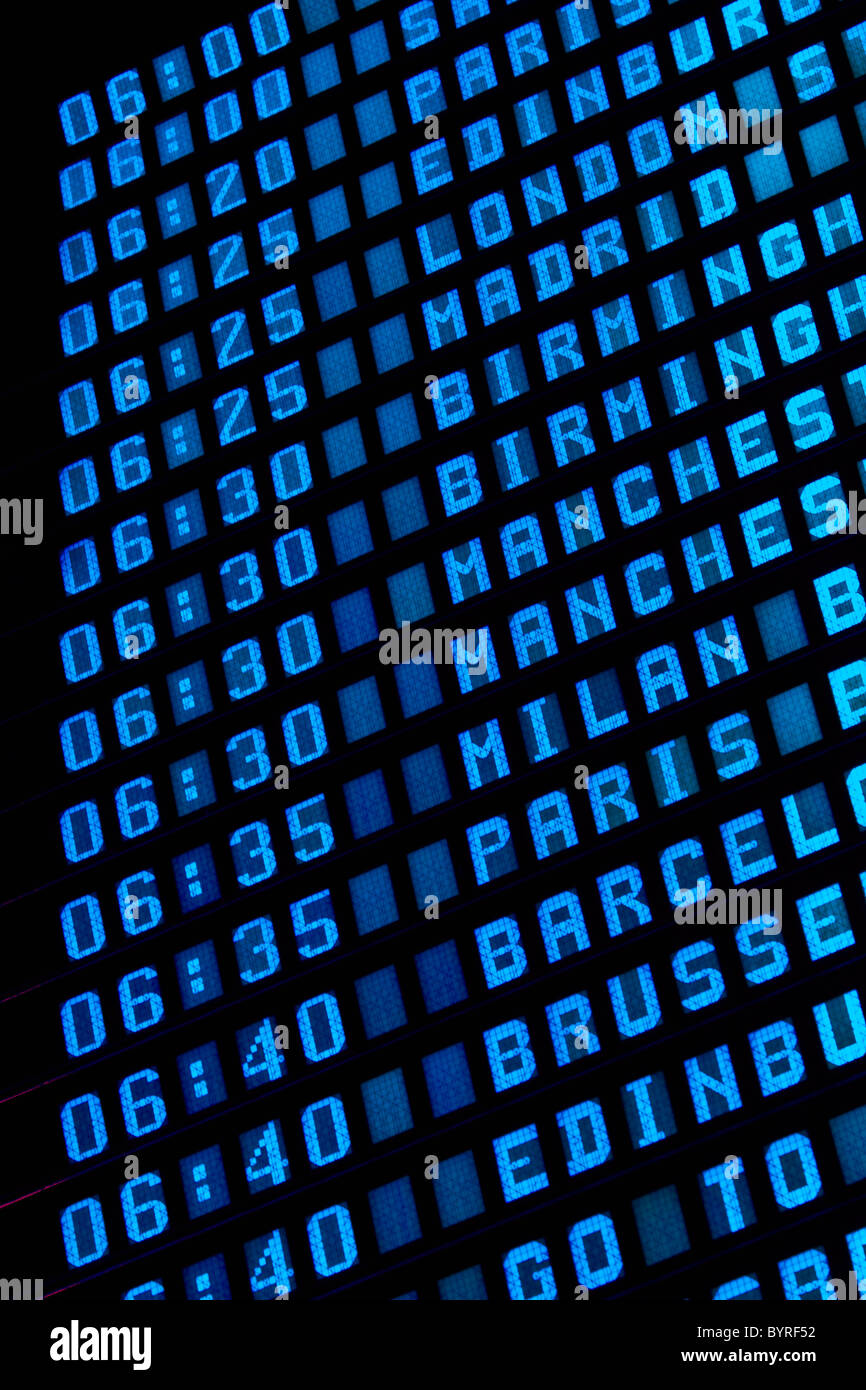 Blue airport information board. Foto Stock