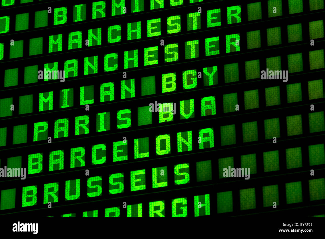 Green airport information board. Foto Stock