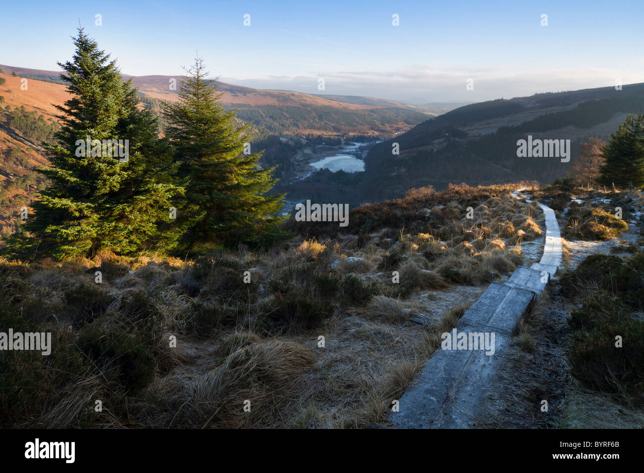 Vista su Glandalough, Irlanda su un gelido inverno mattina. Foto Stock