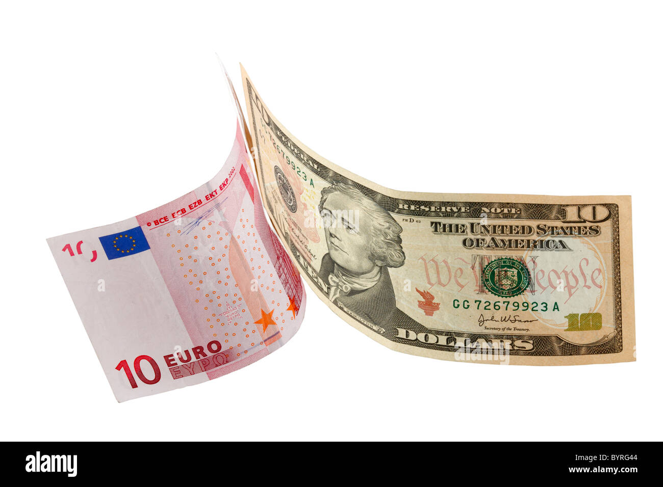 Denominazioni di dieci dollari e dieci euro sono in lotta tra loro per la supremazia Foto Stock