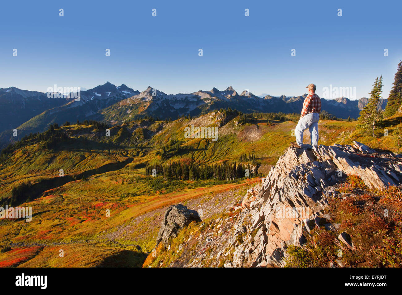 Un escursionista guardando il tatoosh montagne del monte Rainier National Park in autunno; Washington, Stati Uniti d'America Foto Stock