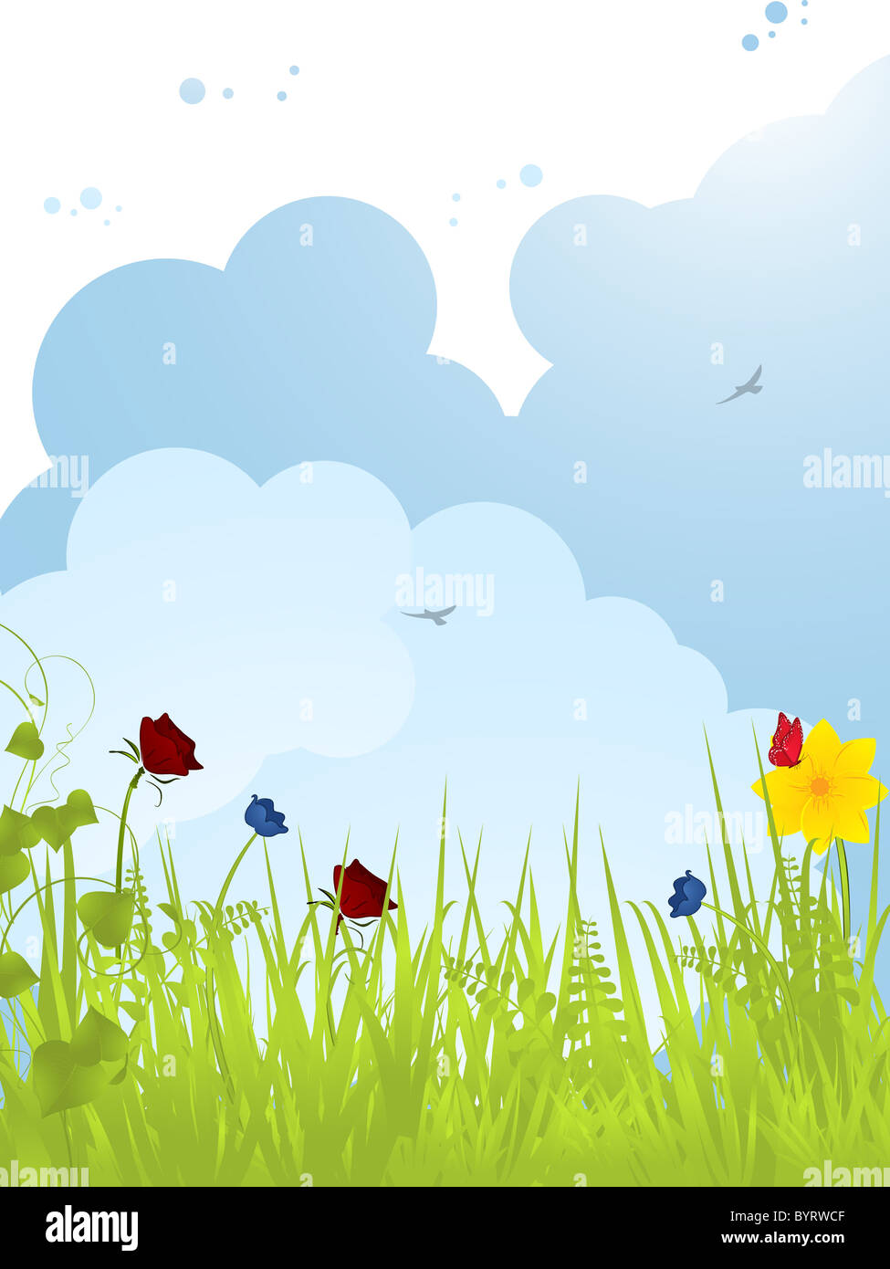 La molla del paesaggio con farfalle e fiori e soffici nuvole Foto Stock