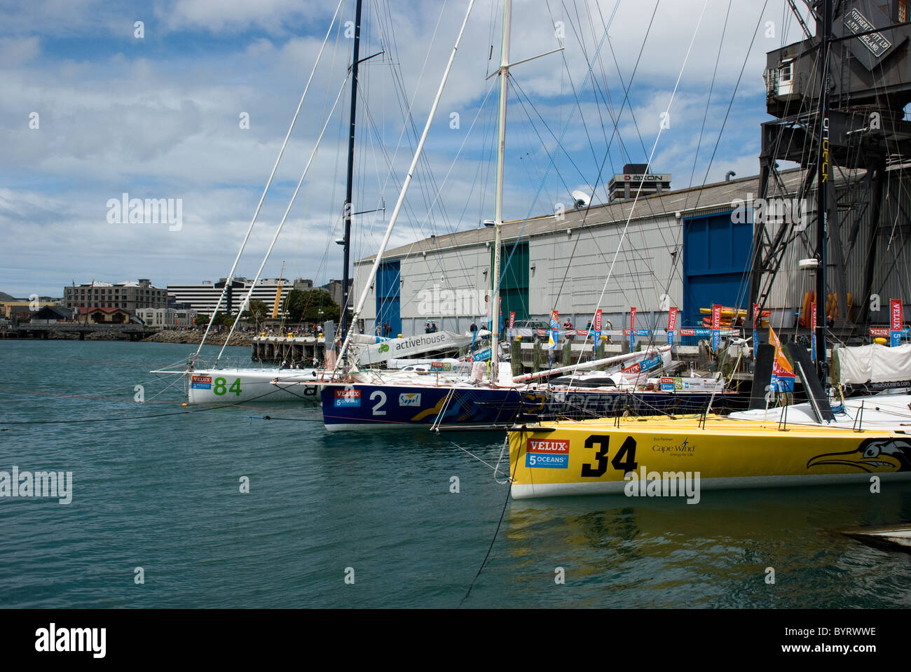 La Velux 5 Oceans Yacht Race arriva a Wellington, Regina Wharf, Wellington, Nuova Zelanda Foto Stock