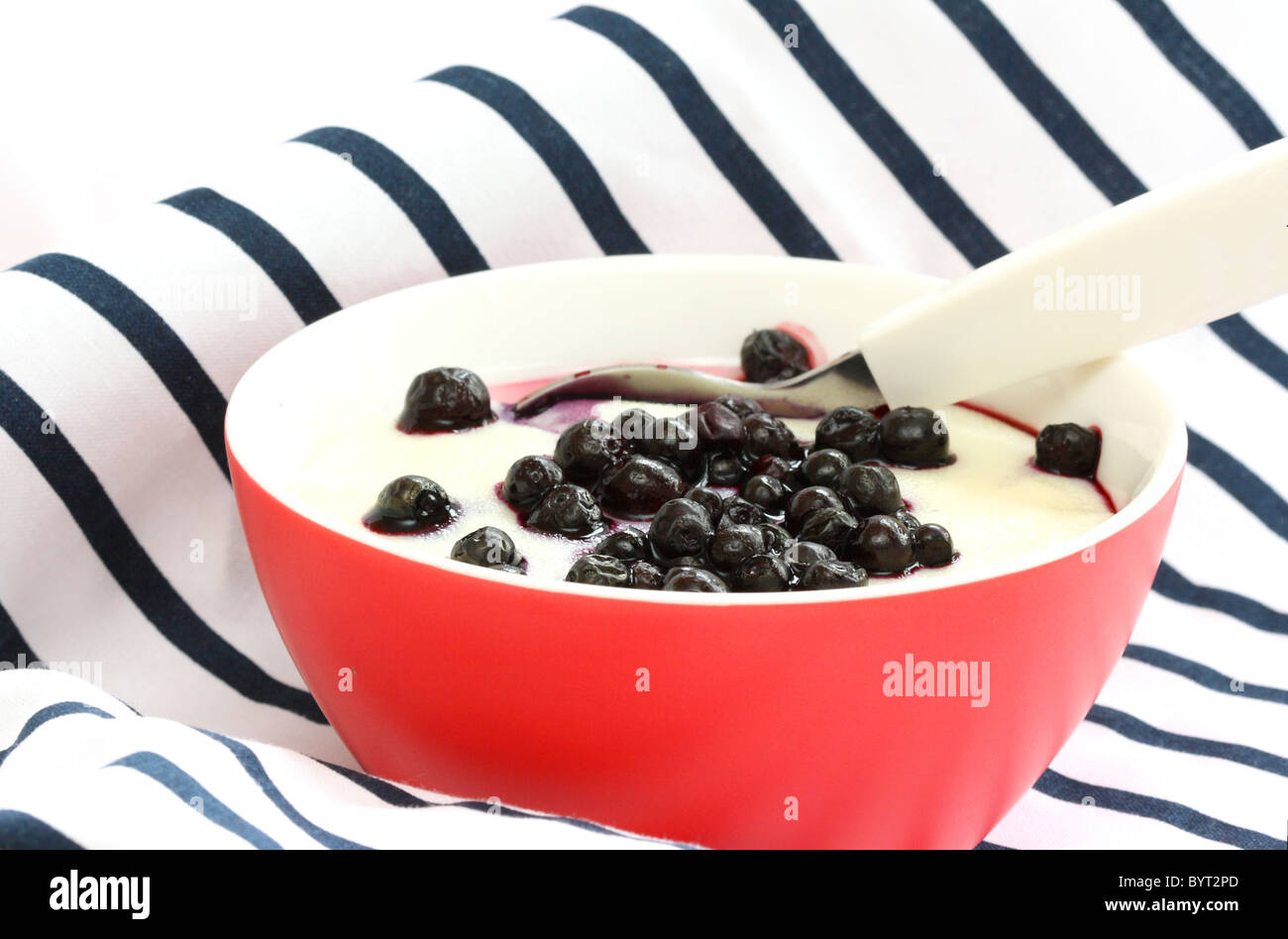 Vista ravvicinata di hot baby porridge nel recipiente rosso - cosparso con mirtilli cotti su sfondo blu scuro Foto Stock