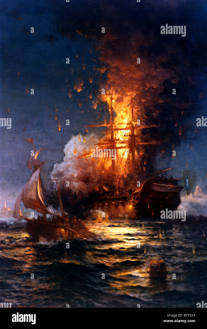 La bruciatura della fregata USS Philadelphia nel porto di Tripoli, 16 Febbraio 1804 Foto Stock