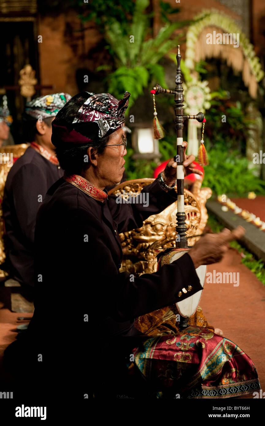 Una stringa strumento utilizzato in un Balinese gamelan orchestra, chiamato kamanja, viene riprodotto durante una performance di danza Barong. Foto Stock