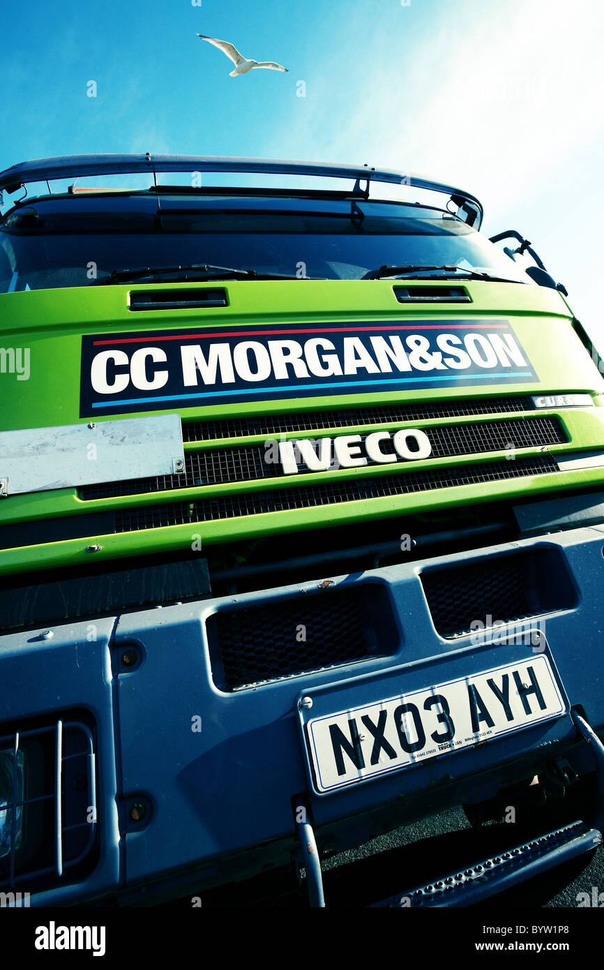 Vista astratta della parte anteriore del camion con seagull flying overhead. Foto Stock