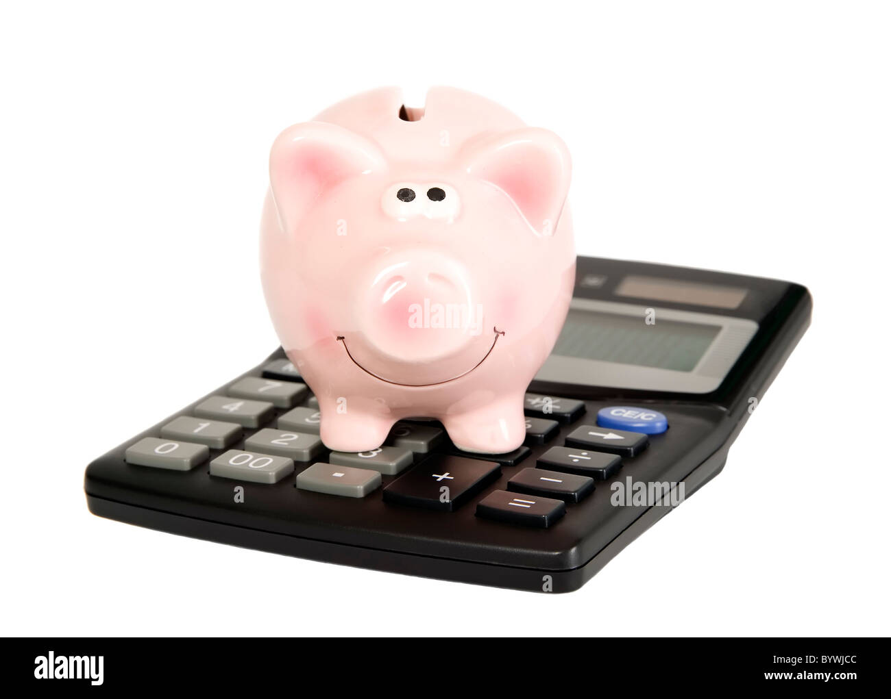 Salvataggio di maiale è sulla calcolatrice, concetto di finanza Foto Stock