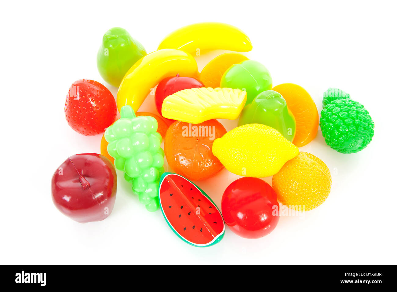 Colorata in plastica per alimenti su sfondo bianco Foto Stock