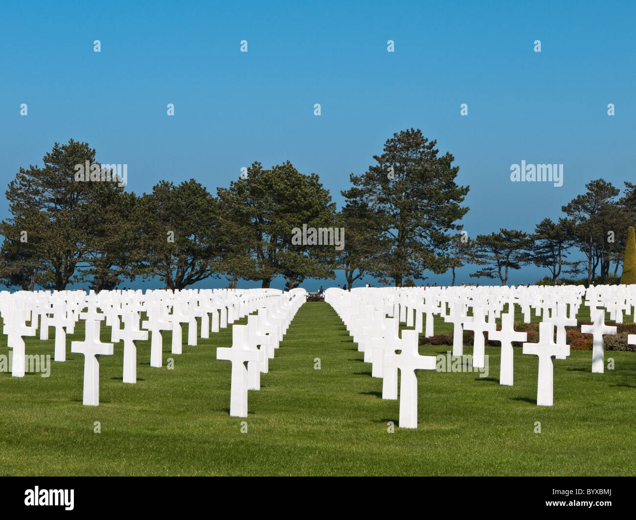 Righe di tombe presso la American Cimitero di Guerra, Omaha Beach in Normandia, Francia Foto Stock