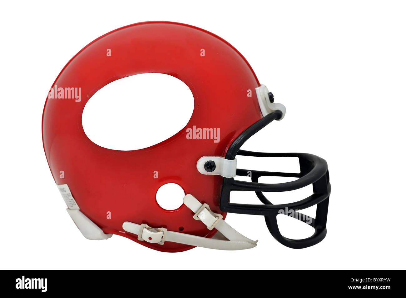 Il football americano casco con logo bianco isolato su sfondo bianco con percorso di clipping. Foto Stock