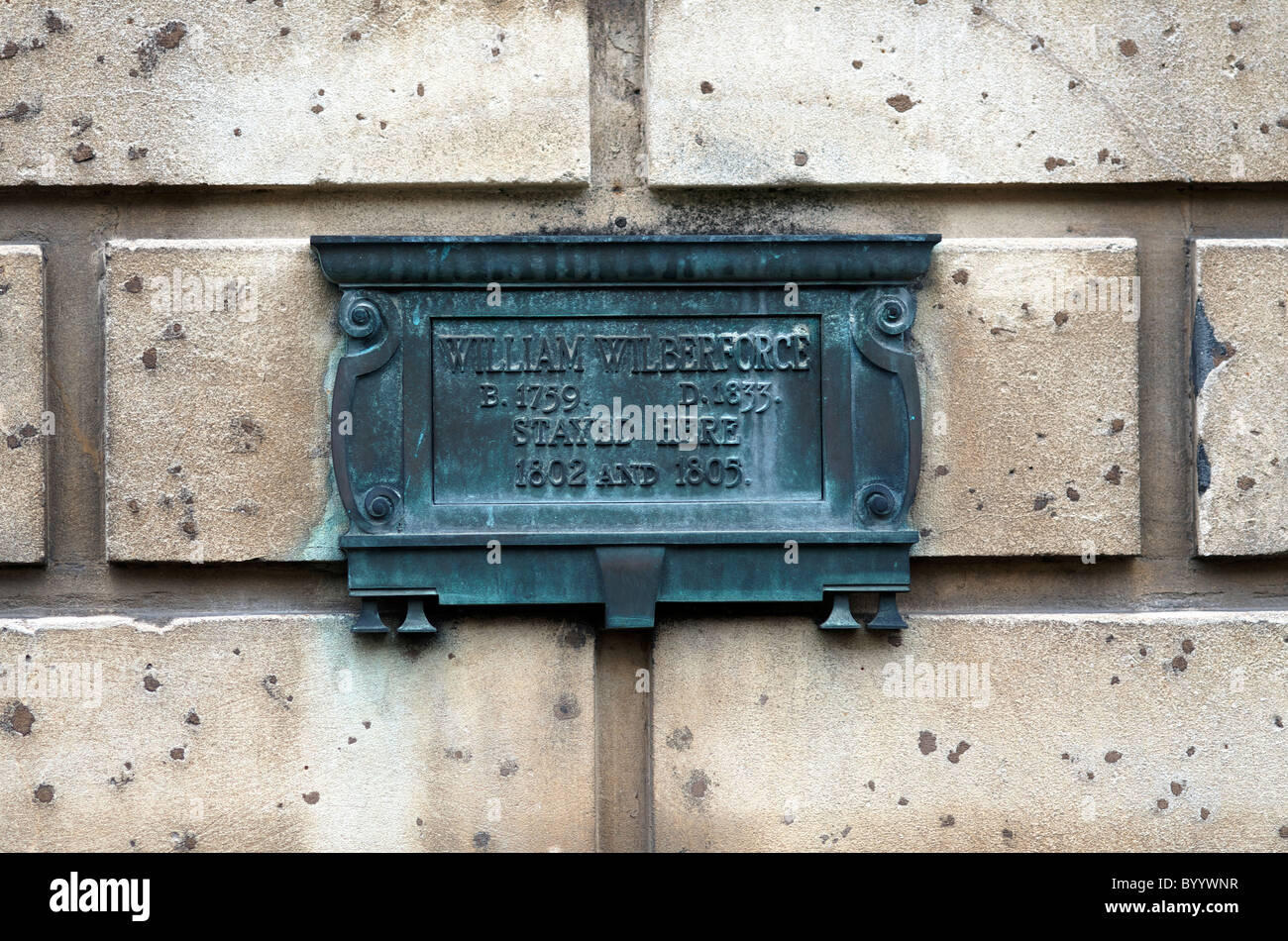 Una placca di metallo marcatura dell'edificio in cui l'avversario di schiavitù, William Wilberforce alloggiato in vasca da bagno 1802 e 1805 Foto Stock