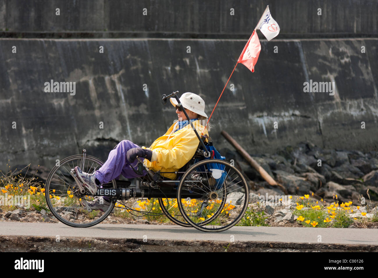 Donna in bicicletta lungo il percorso sul lungomare-Victoria, British Columbia, Canada. Foto Stock