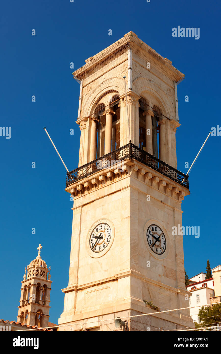 Il porto di clock tower, Hydra, greco ISOLE DELL'ARGOSARONICO Foto Stock