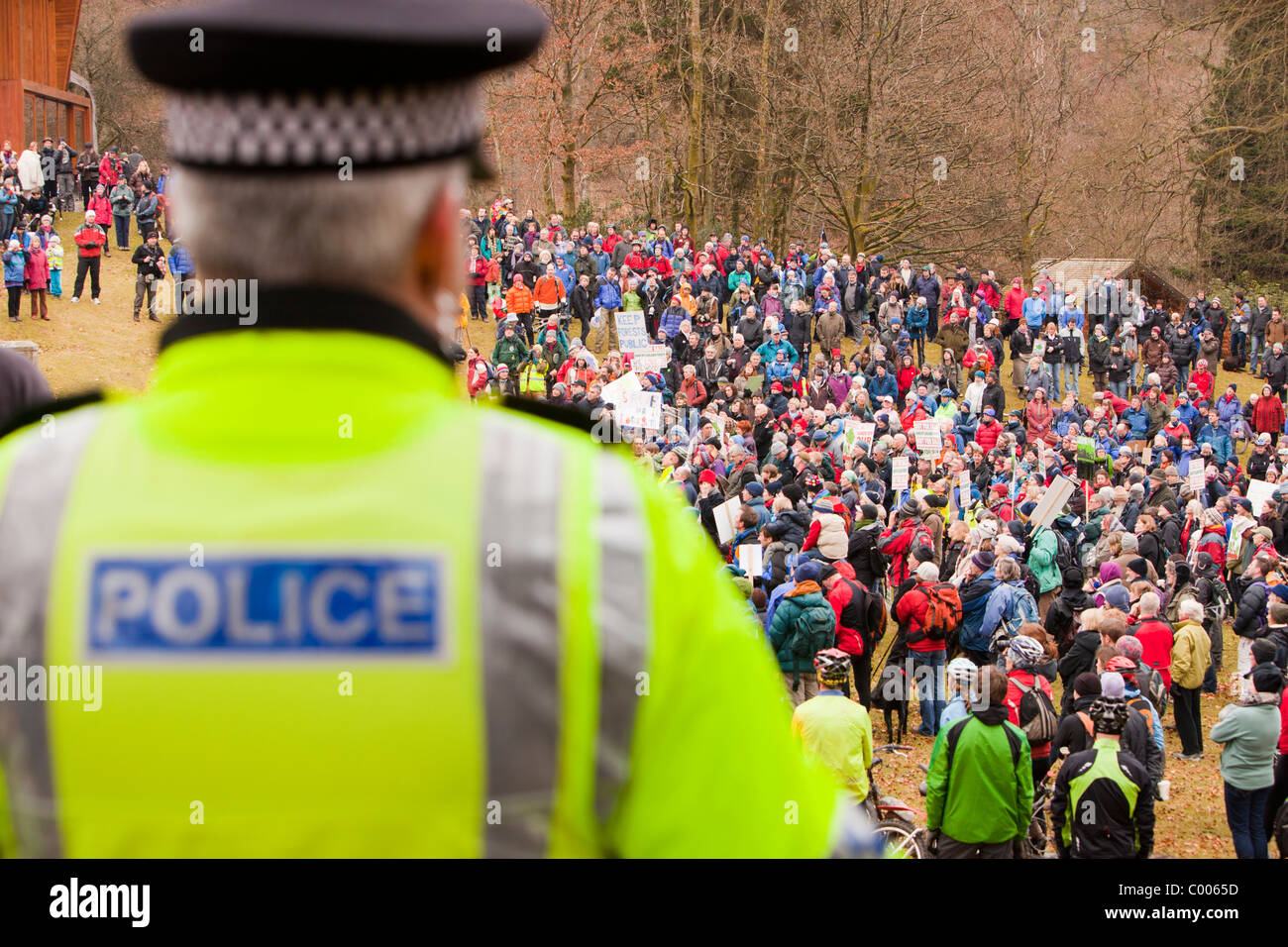 Persone che protestano in Grizedale Forest, Lake District, contro i governi proposte per vendere la silvicoltura Le foreste della Commissione. Foto Stock