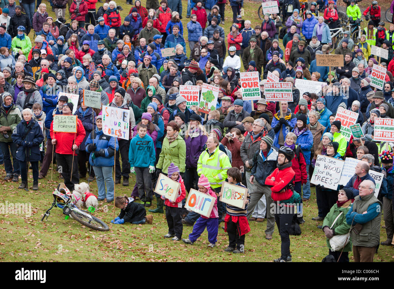 Persone che protestano in Grizedale Forest, Lake District, contro i governi proposte per vendere la silvicoltura Le foreste della Commissione. Foto Stock