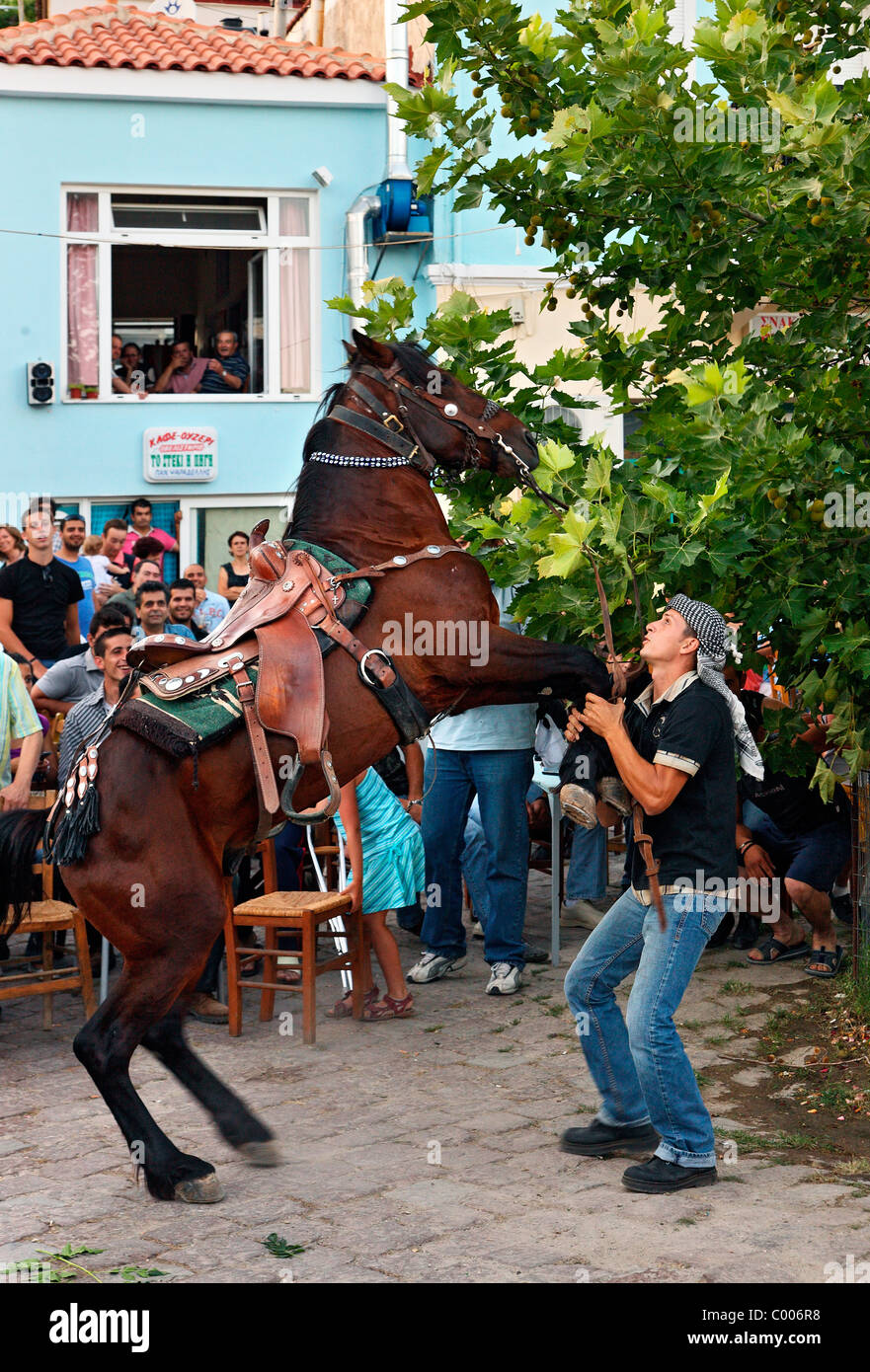 Il 'Cavallo dance' parte della Festa del Bull', che ha una durata di 3 giorni, nel villaggio di Pighi, Lesbo Island, Grecia Foto Stock