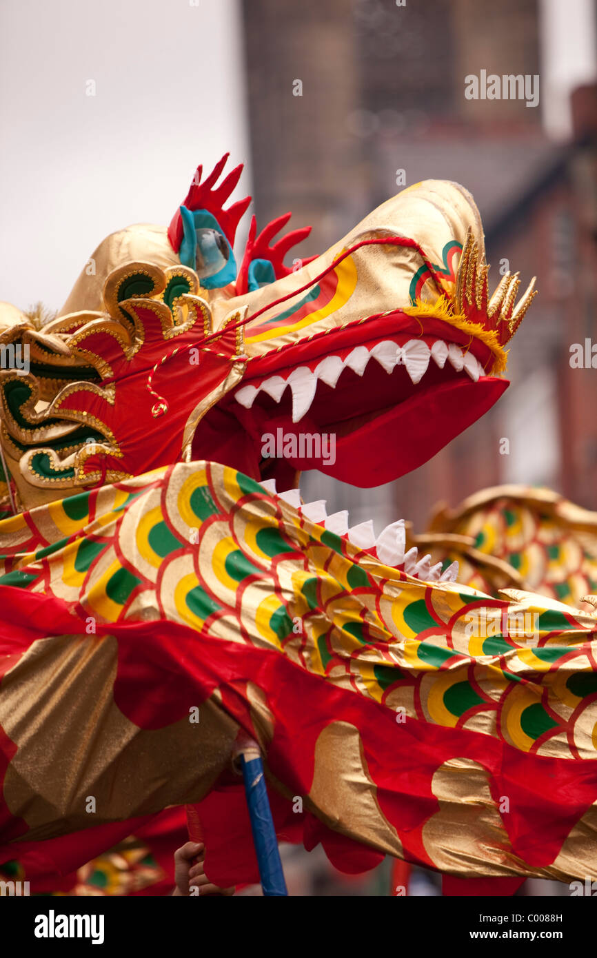 Primo piano della testa di un drago cerimoniali puppet durante il capodanno cinese Foto Stock