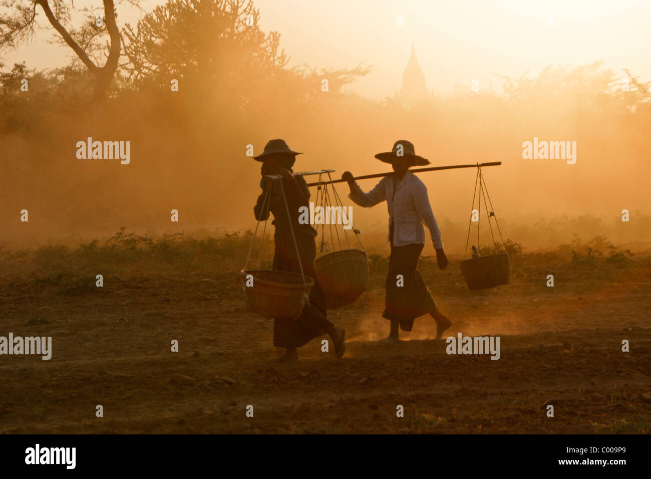 Le donne rurali cestelli porta al tramonto, Bagan (pagano), Myanmar (Birmania) Foto Stock